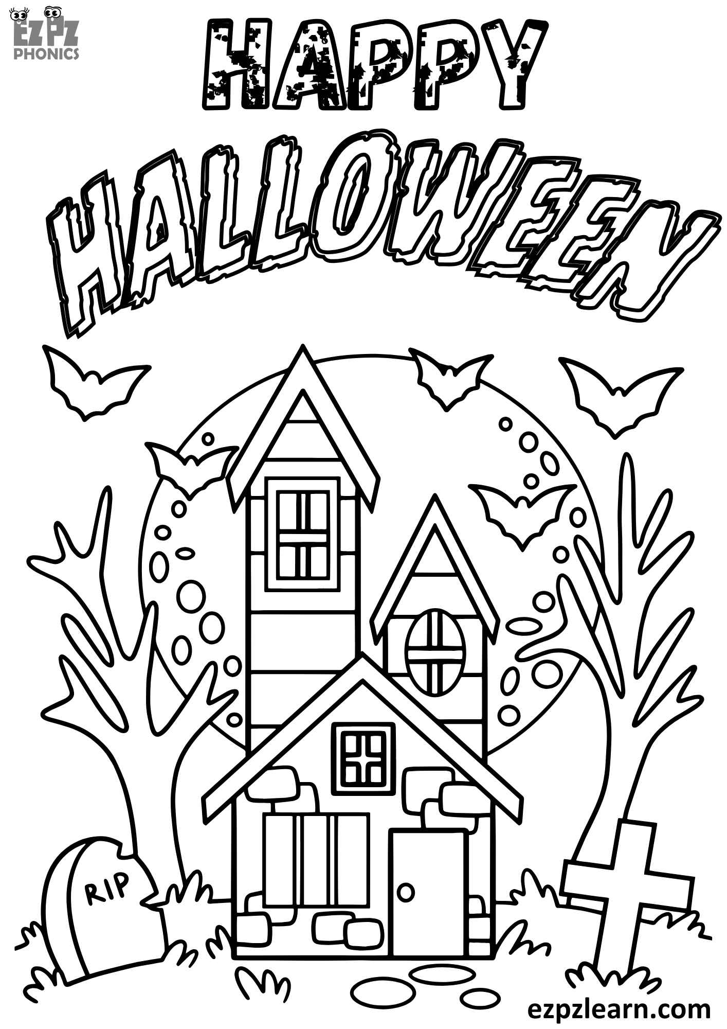 Happy Halloween Coloring Page Haunted House Free Printable PDF Download